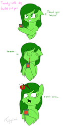 Size: 3000x6000 | Tagged: safe, artist:fajnyziomal, oc, oc only, oc:świstek, plant pony, pony, comic:świstek, apple, cheek fluff, chest fluff, comic, curly eyelashes, descriptive noise, drinking, eyes closed, food, grin, juice, juice box, open mouth, screaming, smiling, solo, sprouting