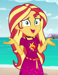 Size: 728x941 | Tagged: safe, screencap, sunset shimmer, equestria girls, equestria girls specials, g4, my little pony equestria girls: better together, my little pony equestria girls: spring breakdown, clothes, cropped, dress, female, geode of empathy, magical geodes, shrug, shrugset shimmer, smiling, solo