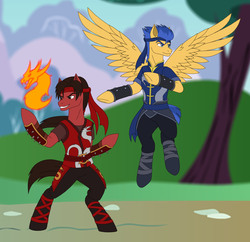 Size: 2958x2862 | Tagged: safe, artist:pyrus-leonidas, flash sentry, dragon, earth pony, pegasus, pony, series:mortal kombat:defenders of equestria, g4, bipedal, boots, bush, clothes, crossover, fire, flying, headband, high res, liu kang, male, martial arts, mortal kombat, pants, ponified, raised hoof, robe, shoes, spread wings, stallion, tree, wings