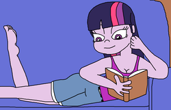 Size: 1264x812 | Tagged: safe, artist:logan jones, twilight sparkle, equestria girls, g4, barefoot, book, clothes, couch, feet, female, lidded eyes, one leg raised, reading, relaxing, shorts, smiling, tank top