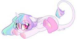 Size: 1024x530 | Tagged: dead source, safe, artist:lullabyprince, oc, oc only, oc:celestial harmony, alicorn, classical unicorn, pony, unicorn, g4, adoracreepy, alicorn oc, clothes, creepy, cute, glasses, horn, leonine tail, looking at you, prone, simple background, socks, solo, transparent background