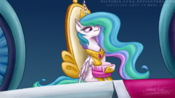 Size: 1920x1080 | Tagged: safe, artist:victoria-luna, princess celestia, alicorn, pony, g4, sparkle's seven, cake, cakelestia, chest fluff, collar, cute, cutelestia, ear fluff, ethereal mane, female, food, frown, glare, holding, hoof shoes, jewelry, lidded eyes, luna petting goose, mare, necklace, parody, regalia, scene parody, serious, serious face, sitting, solo, throne, wat