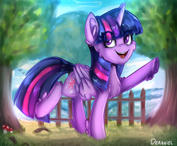 Size: 1254x1033 | Tagged: safe, artist:deraniel, twilight sparkle, alicorn, pony, g4, cheek fluff, chest fluff, cute, ear fluff, eye clipping through hair, female, leg fluff, mare, mushroom, open mouth, solo, tree, twiabetes, twilight sparkle (alicorn), underhoof, wing fluff