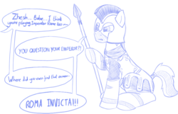 Size: 1018x657 | Tagged: safe, artist:calandorhythm, oc, oc only, oc:zh3sh1re, earth pony, hybrid, pony, zebra, zony, armor, dialogue, femboy, imperator rome, latin, lineart, male, paradox interactive, roma invicta, roman, sketch, spear, speech, speech bubble, tail, weapon, zony oc