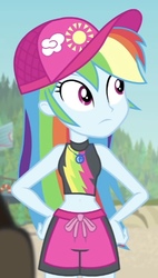 Size: 384x678 | Tagged: safe, screencap, rainbow dash, equestria girls, equestria girls series, forgotten friendship, belly, belly button, clothes, cute, dashabetes, female, geode of super speed, hand on hip, hips, magical geodes, sleeveless, solo, swimsuit, tanktop