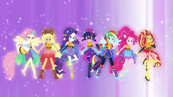 Size: 1920x1080 | Tagged: safe, screencap, applejack, fluttershy, pinkie pie, rainbow dash, rarity, sci-twi, sunset shimmer, twilight sparkle, human, sheep, equestria girls, equestria girls specials, g4, my little pony equestria girls: better together, my little pony equestria girls: spring breakdown, applejack's hat, cowboy hat, female, hat, holding hands, humane five, humane seven, humane six, lifejacket, ponied up, super ponied up, wings