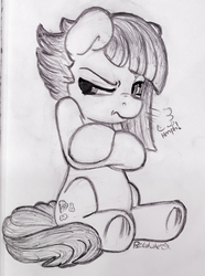 Size: 599x803 | Tagged: safe, artist:bobdude0, limestone pie, earth pony, pony, g4, angry, black and white, crossed hooves, exhale, female, frog (hoof), grayscale, lineart, mare, monochrome, nose wrinkle, pencil drawing, pouting, sitting, solo, traditional art, underhoof