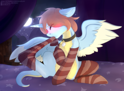 Size: 3000x2200 | Tagged: safe, artist:sinrinf, oc, oc only, oc:aqua windstorm, alicorn, pony, alicorn oc, chest fluff, clothes, collar, commission, full moon, high res, moon, socks, solo, striped socks, wings, ych result