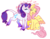 Size: 730x570 | Tagged: safe, artist:guidomista, derpibooru exclusive, fluttershy, rarity, classical unicorn, pegasus, pony, unicorn, g4, alternate design, blushing, cheek kiss, cloven hooves, curls, curly hair, curly mane, curly tail, cute, eyelashes, eyes closed, feather, female, fluffy, horn, kissing, leonine tail, lesbian, lips, markings, motion blur, open mouth, pink, raised hoof, redesign, romance, romantic, scrunchy face, ship:flarity, shipping, sitting, smiling, special somepony, spread wings, standing, two toned wings, unshorn fetlocks, wings, yellow