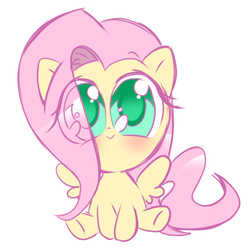 Size: 500x500 | Tagged: safe, artist:thegreatrouge, fluttershy, pegasus, pony, g4, blushing, chibi, colored pupils, cute, eye clipping through hair, eyebrows, eyebrows visible through hair, female, mare, shyabetes, simple background, sitting, solo, white background
