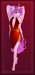 Size: 700x1500 | Tagged: safe, artist:copshop, princess celestia, alicorn, anthro, unguligrade anthro, g4, absolute cleavage, alternate hairstyle, breasts, cleavage, clothes, dress, female, mare, solo
