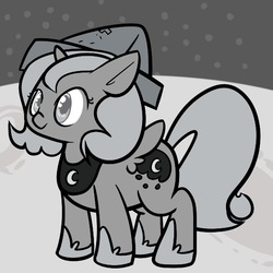 Size: 576x576 | Tagged: safe, artist:iliekturtlez, princess luna, alicorn, pony, moonstuck, black and white, cartographer's cap, cute, female, filly, grayscale, hat, hoof shoes, lunabetes, monochrome, moon, peytral, solo, woona, younger