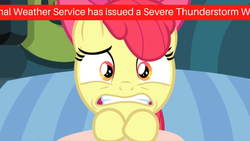 Size: 1280x720 | Tagged: safe, edit, edited screencap, screencap, apple bloom, earth pony, pony, bloom & gloom, g4, apple bloom's bow, bow, emergency alert system, female, filly, frightened, hair bow, relatable