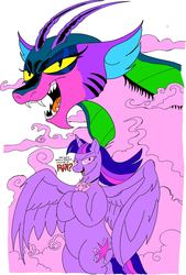 Size: 1366x2017 | Tagged: safe, artist:princebluemoon3, idw, cosmos, twilight sparkle, alicorn, draconequus, pony, g4, spoiler:comic75, evil, female, mare, open mouth, possessed, simple background, twilight sparkle (alicorn), white background, wings
