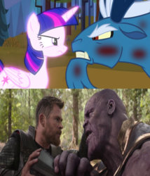 Size: 526x615 | Tagged: safe, grogar, twilight sparkle, alicorn, human, pony, sheep, g4, school daze, the beginning of the end, avengers: infinity war, fake, female, male, mare, ram, thanos, thor, twilight sparkle (alicorn)