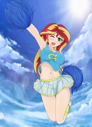 Size: 1134x1559 | Tagged: safe, artist:anonix123, sunset shimmer, human, g4, adorasexy, armpits, belly button, breasts, busty sunset shimmer, cheerleader, clothes, cloud, cute, female, humanized, midriff, one eye closed, open mouth, pom pom, sexy, shoes, skirt, sky, socks, solo, wink