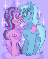 Size: 944x1170 | Tagged: safe, artist:cookie-munch, starlight glimmer, trixie, pony, unicorn, g4, abstract background, blushing, chest fluff, female, hoof around neck, hug, lesbian, ship:startrix, shipping, side hug, smiling, unshorn fetlocks