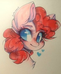 Size: 1280x1532 | Tagged: safe, artist:buttonheart, pinkie pie, earth pony, pony, g4, blushing, bust, chest fluff, cute, diapinkes, ear fluff, female, heart, looking at something, marker drawing, no pupils, portrait, simple background, smiling, solo, traditional art, white background