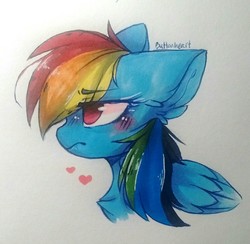 Size: 1280x1247 | Tagged: safe, artist:buttonheart, rainbow dash, pegasus, pony, blushing, bust, chest fluff, cute, dashabetes, ear fluff, female, heart, marker drawing, no pupils, portrait, profile, simple background, solo, traditional art, white background