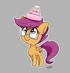 Size: 1904x1964 | Tagged: safe, artist:taurson, scootaloo, pegasus, pony, g4, cake, cute, cutealoo, cutie mark, female, filly, food, glasses, gray background, simple background, solo, the cmc's cutie marks