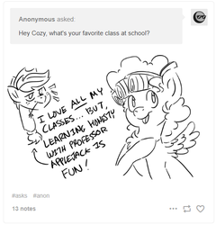 Size: 514x536 | Tagged: safe, applejack, cozy glow, earth pony, pegasus, pony, ask cozy glow, g4, ask, blatant lies, female, filly, hilarious in hindsight, lineart, monochrome, school of friendship, straw in mouth, tumblr
