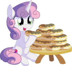 Size: 7017x6479 | Tagged: safe, artist:cyanlightning, sweetie belle, pony, unicorn, g4, .svg available, absurd resolution, chest fluff, cute, cutie mark, diasweetes, ear fluff, eating, eclair, female, filly, food, hair, open mouth, simple background, sitting, solo, stuffing, table, the cmc's cutie marks, this will end in weight gain, transparent background, vector