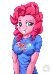 Size: 955x1351 | Tagged: safe, artist:mysticalpha, pinkie pie, earth pony, anthro, g4, breasts, busty pinkie pie, clothes, female, mare, shirt, smiling, solo, t-shirt