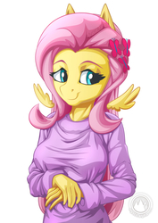 Size: 955x1351 | Tagged: safe, artist:mysticalpha, fluttershy, pegasus, anthro, g4, beautiful, breasts, busty fluttershy, clothes, female, mare, smiling, solo, sweater