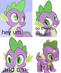 Size: 998x1200 | Tagged: safe, spike, g4, dank memes, irl, meme, multeity, photo, ponified meme, quadrupedal spike, shitposting, so there's this girl, solo, text, toy, um, wat