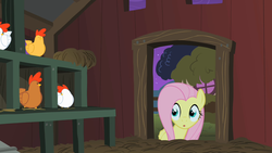 Size: 1280x720 | Tagged: safe, screencap, fluttershy, bird, chicken, pegasus, pony, g4, season 1, stare master, :o, chicken coop, female, fluttershy's cottage, mare, night, open mouth