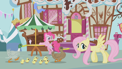 Size: 1280x720 | Tagged: safe, screencap, fluttershy, pinkie pie, duck, pony, g4, griffon the brush off, my little pony: friendship is magic