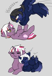 Size: 1944x2844 | Tagged: safe, artist:jolliapplegirl, oc, oc only, oc:desert moon, oc:hazy sky, alicorn, pony, sphinx, unicorn, adopted offspring, alicorn oc, behaving like a cat, colt, curved horn, female, filly, foal, horn, interspecies offspring, male, next generation, offspring, parent:oc:asra, parent:princess luna, parent:unnamed oc, parents:canon x oc, ponyloaf, pounce, purring, scratch mark, scratches, sphinx oc