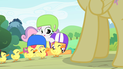 Size: 1280x720 | Tagged: safe, screencap, apple bloom, fluttershy, scootaloo, sweetie belle, duck, pony, g4, the cutie mark chronicles, cutie mark crusaders