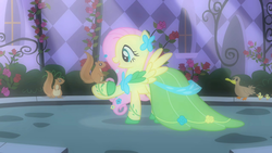 Size: 1280x720 | Tagged: safe, screencap, fluttershy, duck, pony, squirrel, g4, the best night ever, clothes, dress, gala dress
