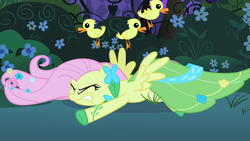 Size: 1280x720 | Tagged: safe, screencap, fluttershy, duck, pony, g4, the best night ever, clothes, dress, faceplant, gala dress, gritted teeth