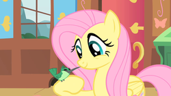 Size: 1280x720 | Tagged: safe, screencap, fluttershy, hummingway, hummingbird, pony, a bird in the hoof, g4, cute, female, mare, shyabetes, solo