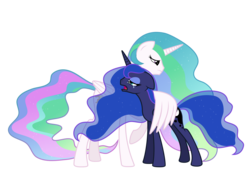 Size: 2700x2000 | Tagged: safe, artist:ashidaru, princess celestia, princess luna, alicorn, pony, g4, comforting, crying, duo, female, frown, high res, hug, mare, open mouth, royal sisters, sad, simple background, sisters, transparent background, winghug