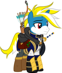 Size: 5477x6390 | Tagged: safe, artist:tales-fables, oc, oc only, oc:light raid, pony, unicorn, absurd resolution, arrow, bow (weapon), bow and arrow, clothes, male, quiver, saddle bag, simple background, solo, stallion, sword, transparent background, weapon