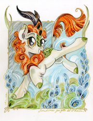 Size: 1580x2047 | Tagged: safe, artist:sararichard, autumn blaze, kirin, g4, sounds of silence, awwtumn blaze, cute, female, flower, foal's breath, looking at you, smiling, solo, traditional art