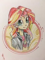Size: 1536x2048 | Tagged: safe, artist:sara richard, sunset shimmer, equestria girls, g4, clothes, female, jacket, leather jacket, solo, traditional art