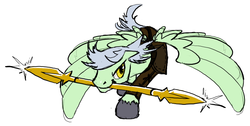 Size: 721x362 | Tagged: safe, artist:sawhorse, oc, oc only, pegasus, pony, male, mouth hold, narrowed eyes, simple background, solo, spear, spread wings, stallion, weapon, white background, wings, yellow eyes