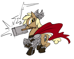 Size: 666x531 | Tagged: safe, artist:sawhorse, mjölna, earth pony, pony, g4, cape, clothes, female, hammer, mare, marvel, marvel comics, mjölnir, mouth hold, simple background, solo, thor, war hammer, weapon, white background