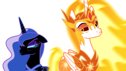Size: 6000x3375 | Tagged: safe, alternate version, artist:sketchmcreations, daybreaker, nightmare moon, alicorn, pony, g4, sparkle's seven, duo, female, floppy ears, grumpy, looking at each other, mare, nightmare luna, pouting, simple background, transparent background, vector