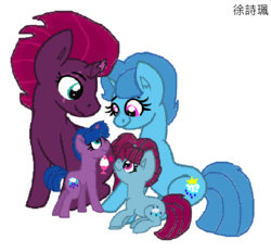 Size: 1344x1246 | Tagged: safe, artist:徐詩珮, fizzlepop berrytwist, spring rain, tempest shadow, oc, oc:spring grezt, oc:storm lightning, g4, my little pony: the movie, base used, broken horn, family, female, horn, lesbian, magical lesbian spawn, mare, mother and daughter, next generation, offspring, parent:spring rain, parent:tempest shadow, parents:springshadow, ship:springshadow, shipping, siblings, simple background, sisters, white background