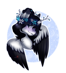Size: 1545x1722 | Tagged: safe, artist:themisslittledevil, oc, oc only, oc:flower serenity, pegasus, pony, bust, female, floral head wreath, flower, mare, portrait, solo, two toned wings