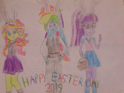 Size: 1024x768 | Tagged: safe, artist:brandonale, rainbow dash, sci-twi, sunset shimmer, twilight sparkle, equestria girls, g4, bunny ears, easter, holiday, lineart
