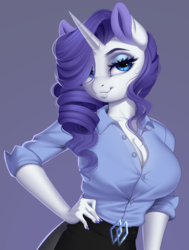 Size: 1246x1647 | Tagged: safe, artist:evehly, rarity, unicorn, anthro, g4, bedroom eyes, big breasts, blouse, breasts, busty rarity, cleavage, clothes, cropped, cute, eyelashes, female, hair over one eye, hand on hip, huge breasts, looking at you, mare, nail polish, raribetes, sexy, smiling, solo