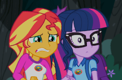 Size: 640x423 | Tagged: safe, screencap, sci-twi, sunset shimmer, twilight sparkle, equestria girls, g4, my little pony equestria girls: legend of everfree, animated, camp everfree outfits, female, gif