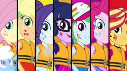 Size: 1920x1080 | Tagged: safe, screencap, applejack, fluttershy, pinkie pie, rainbow dash, rarity, sci-twi, sunset shimmer, twilight sparkle, sheep, equestria girls, equestria girls specials, g4, my little pony equestria girls: better together, my little pony equestria girls: spring breakdown, black background, black bars, cap, clothes, cutie mark, cutie mark on equestria girl, female, glasses, hat, humane five, humane seven, humane six, lifejacket, sci twi is watching you, simple background, smiling, transformation, wallpaper