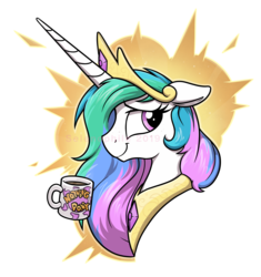 Size: 3185x3387 | Tagged: safe, artist:selenophile, princess celestia, alicorn, pony, g4, bust, coffee, crown, cute, female, floppy ears, high res, jewelry, looking back, mare, mug, obtrusive watermark, portrait, regalia, simple background, solo, transparent background, watermark